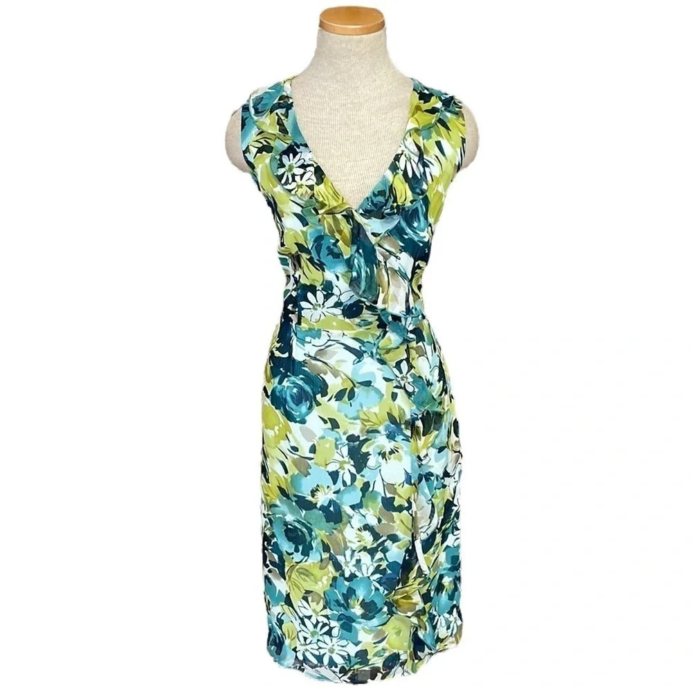 Pendleton Dress Silk Sleeveless Blue Green Knee Length Floral Ruffle Size 4P
